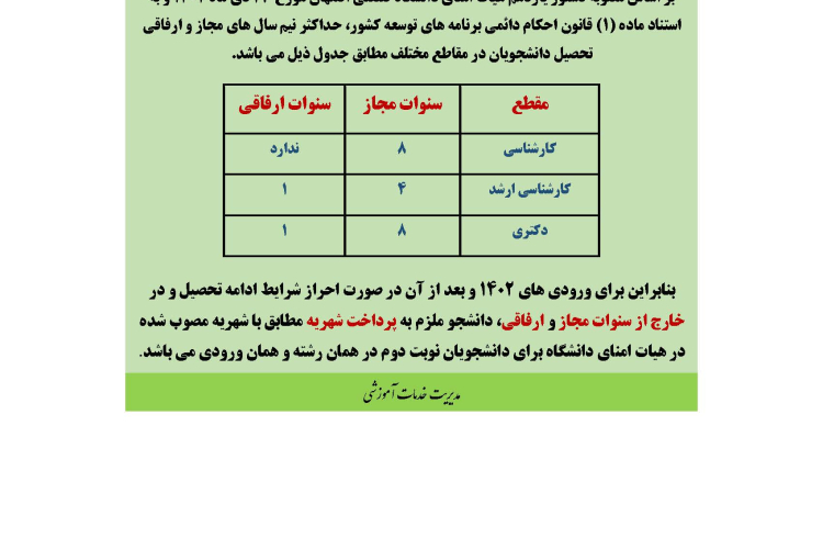 اطلاعیه مهم آموزشی پیرامون میزان سنوات دانشجویان درمقاطع مختلف ورودیهای 1402 و بعد از آن